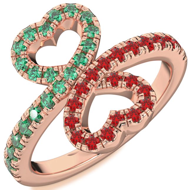 Emerald & Ruby Rose Gold Silver Heart Pave Promise Ring