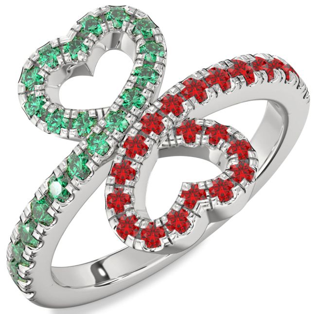 Emerald & Ruby Silver Heart Pave Promise Ring