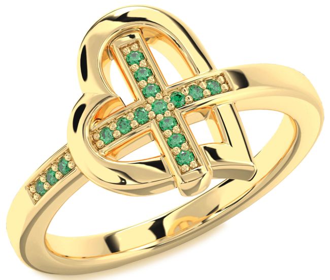 Emerald Gold Heart Cross Ring