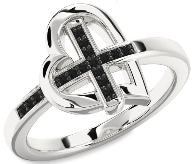 Black Diamond Silver Heart Cross Ring