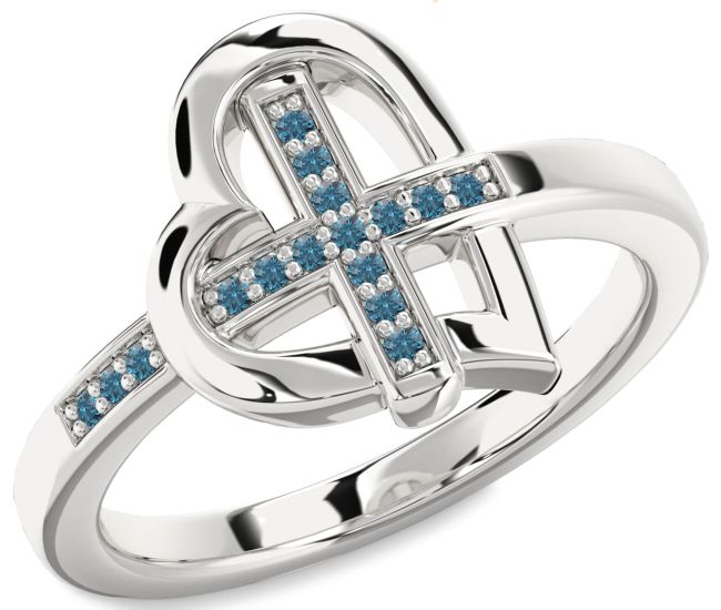 Blue Diamond Silver Heart Cross Ring