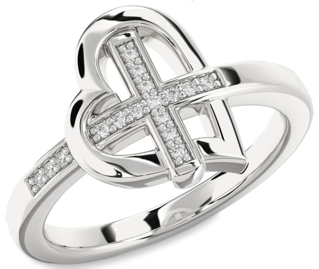 Lab Diamond Silver Heart Cross Ring