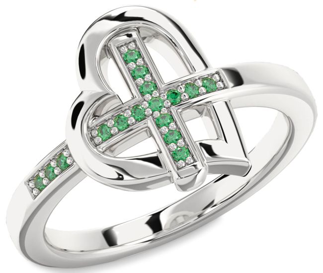 Emerald Silver Heart Cross Ring