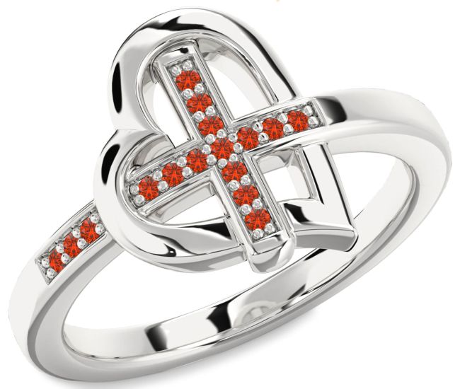 Fire Opal Silver Heart Cross Ring