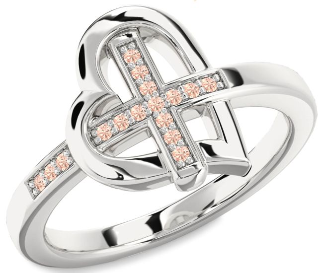 Morganite Silver Heart Cross Ring