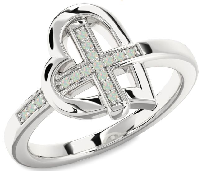Opal Silver Heart Cross Ring