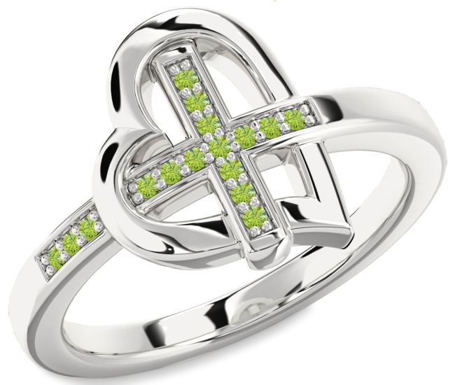 Peridot Silver Heart Cross Ring