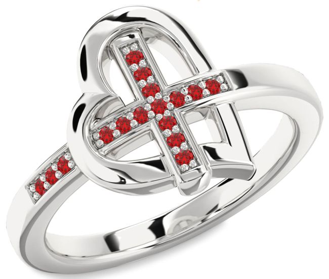 Ruby Silver Heart Cross Ring