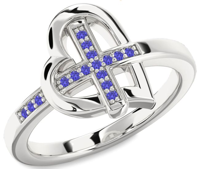 Tanzanite Silver Heart Cross Ring