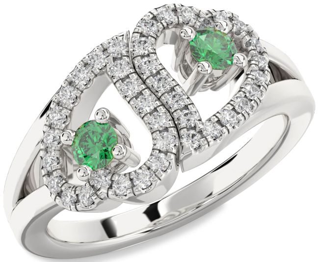 Diamond Emerald Silver Heart Two Stone Birthstone Ring