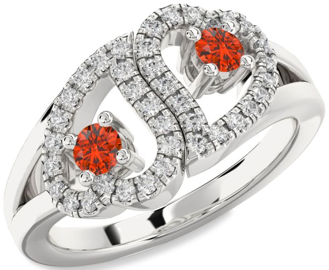 Diamond Fire Opal Silver Heart Two Stone Ring