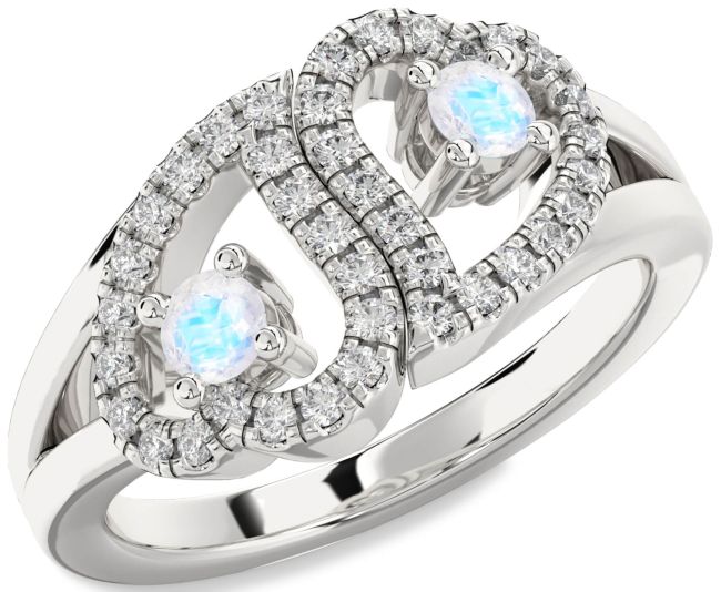 Diamond Moonstone Silver Heart Two Stone Ring