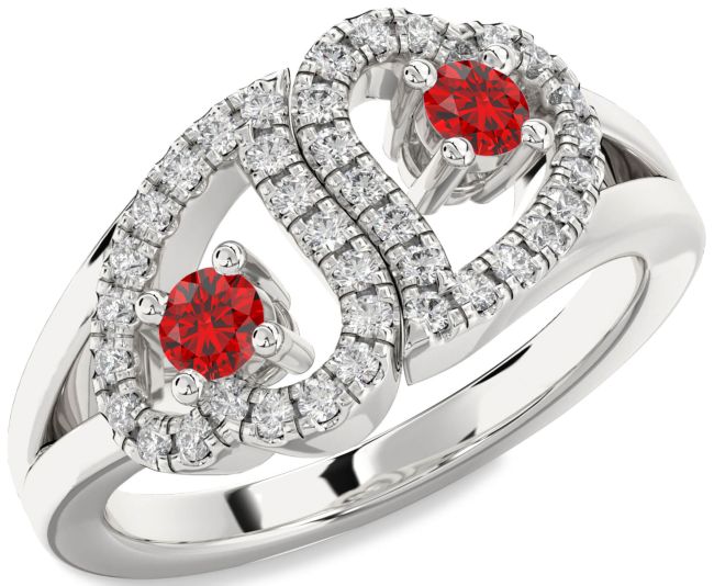 Diamond Ruby Silver Heart Two Stone Birthstone Ring