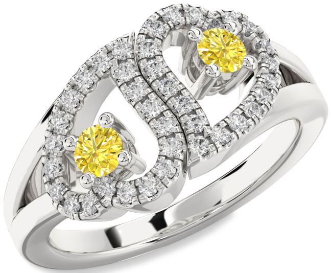 Yellow Diamond Silver Heart Two Stone Ring