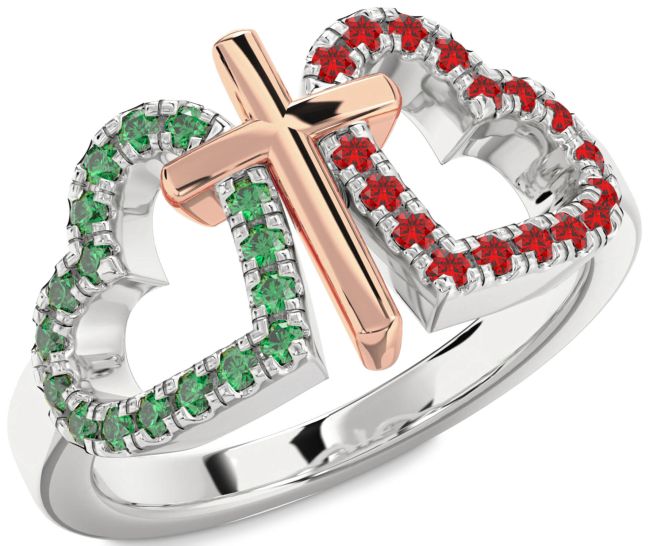 Emerald & Ruby Rose Gold Silver Heart Cross Promise Ring
