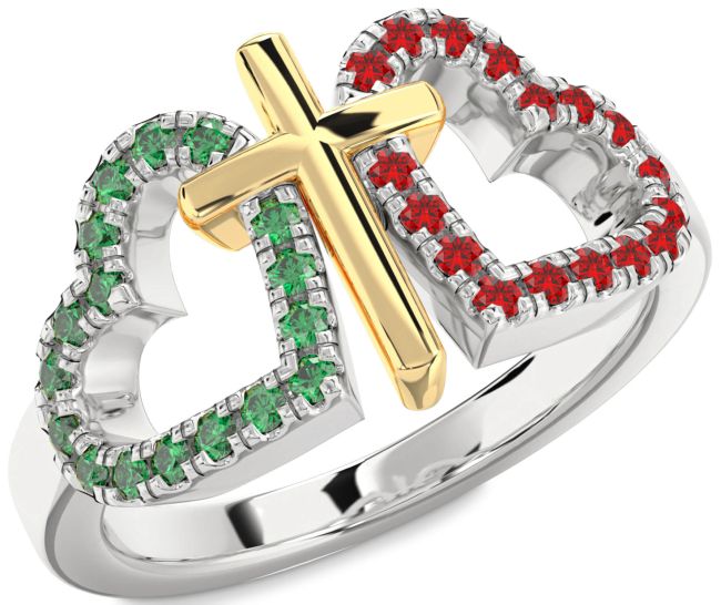 Emerald & Ruby Gold Silver Heart Cross Promise Ring