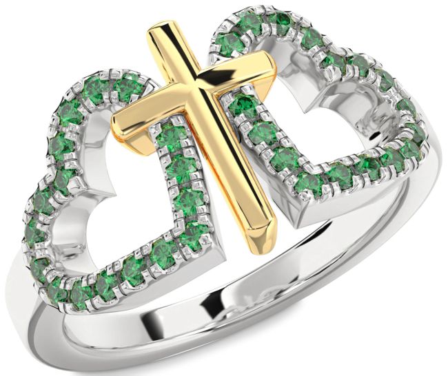 Emerald Gold Silver Heart Cross Ring