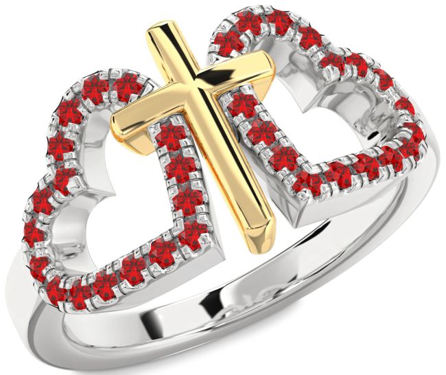 Ruby Gold Silver Heart Cross Ring
