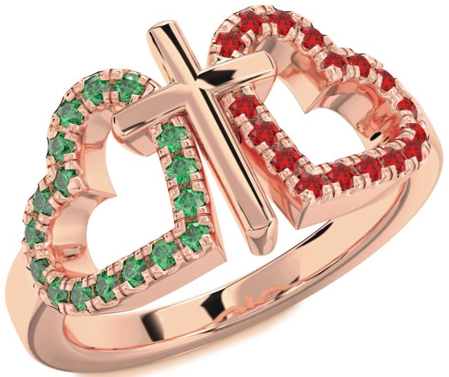 Emerald & Ruby Rose Gold Heart Cross Promise Ring