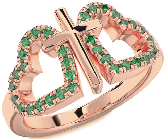 Emerald Rose Gold Heart Cross Ring