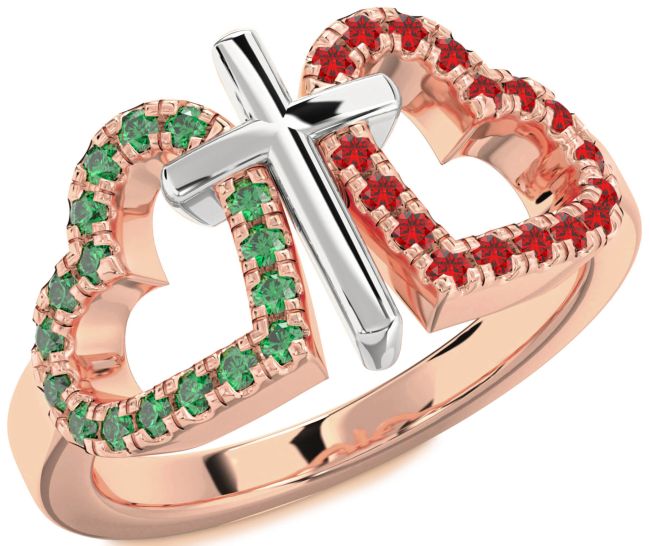Emerald & Ruby Rose Gold Silver Heart Cross Promise Ring