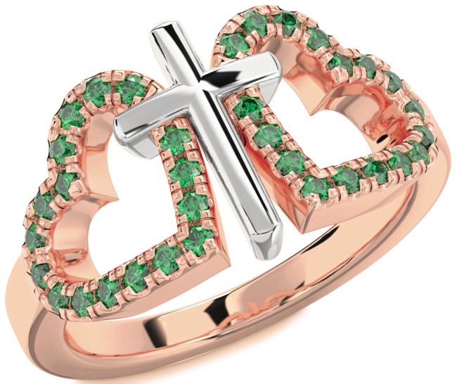 Emerald Rose Gold Silver Heart Cross Ring