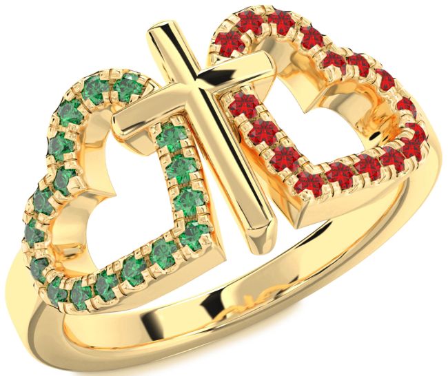 Emerald & Ruby Gold Heart Cross Promise Ring