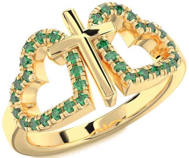 Emerald Gold Silver Heart Cross Ring