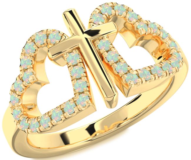 Opal Gold Silver Heart Cross Ring
