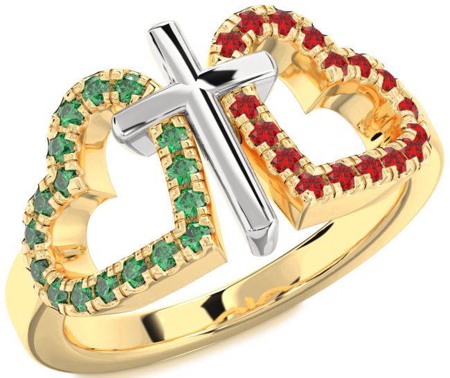 Emerald & Ruby Gold Silver Heart Cross Promise Ring