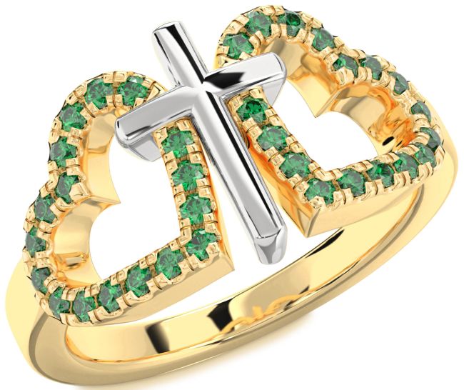 Emerald Gold Silver Heart Cross Ring