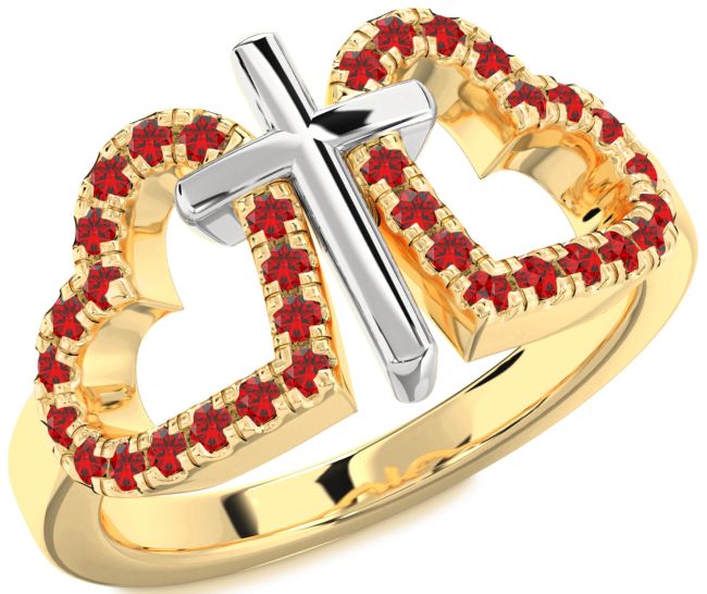 Ruby Gold Silver Heart Cross Ring