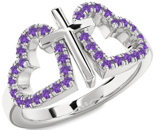 Amethyst Silver Heart Cross Ring