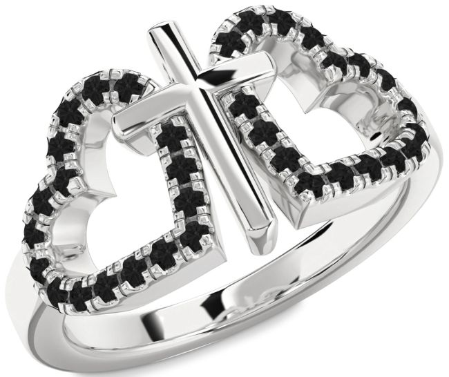 Black Diamond Silver Heart Cross Ring