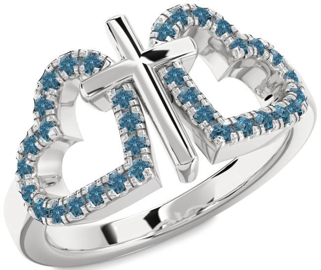 Blue Diamond Silver Heart Cross Ring