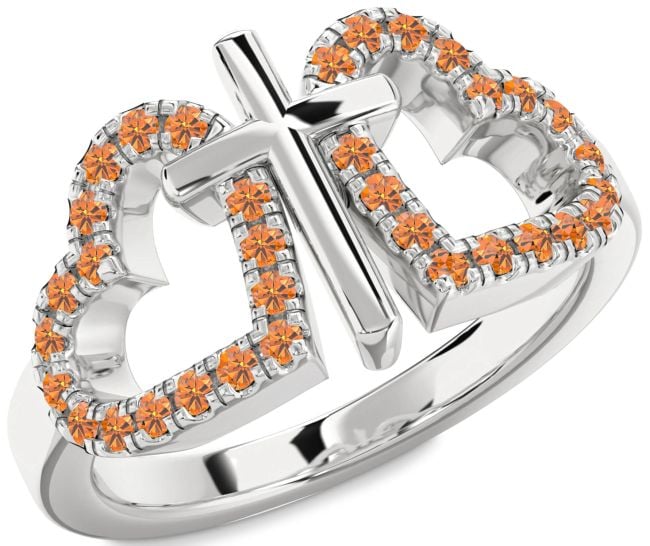Citrine Silver Heart Cross Ring