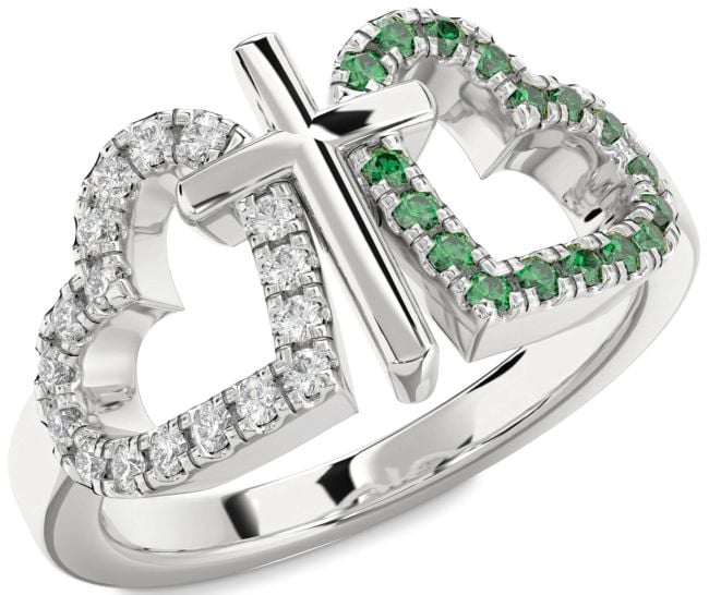 Emerald & Diamond Silver Heart Cross Promise Ring