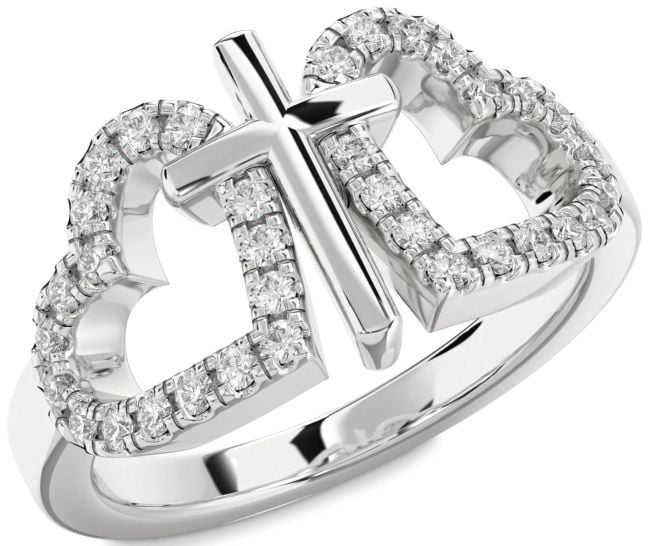 Lab Diamond Silver Heart Cross Ring