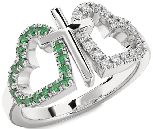 Diamond & Emerald Silver Heart Cross Promise Ring