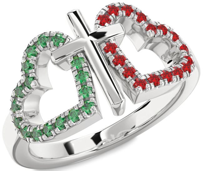 Emerald & Ruby Silver Heart Cross Promise Ring