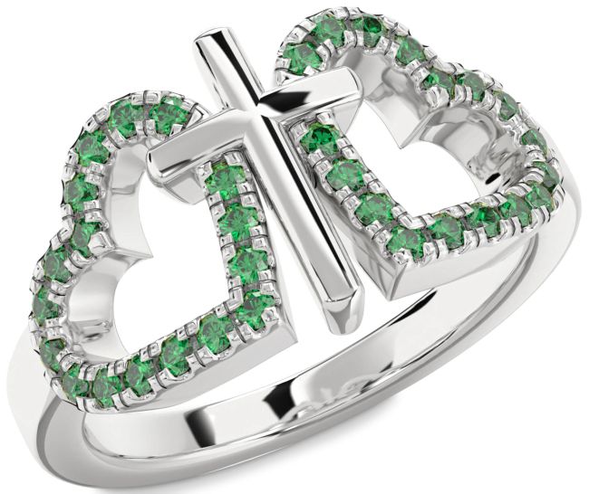 Emerald Silver Heart Cross Ring