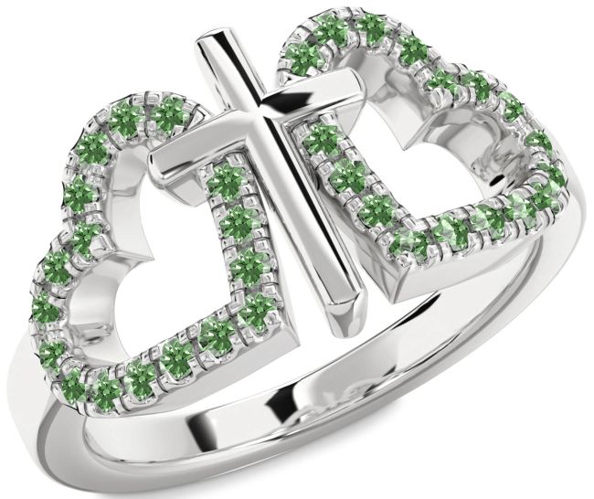 Green Diamond Silver Heart Cross Ring
