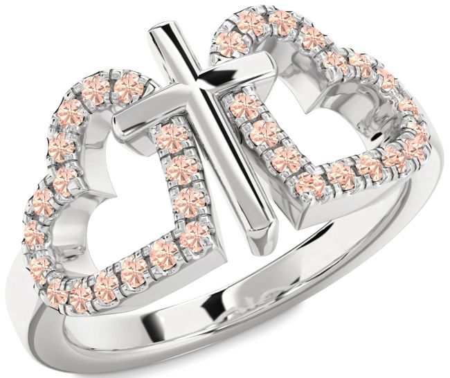 Morganite Silver Heart Cross Ring