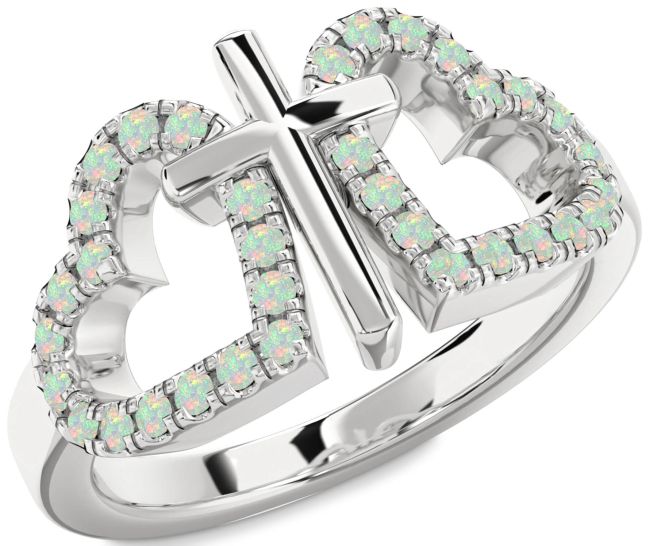 Opal Silver Heart Cross Ring
