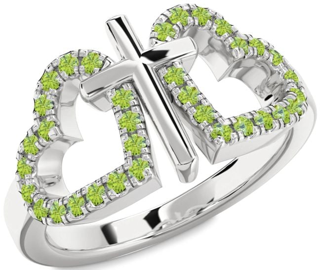 Peridot Silver Heart Cross Ring