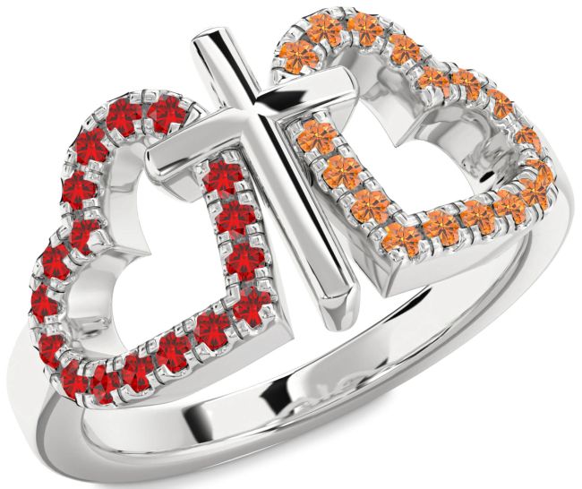 Ruby & Citrine Silver Heart Cross Promise Ring