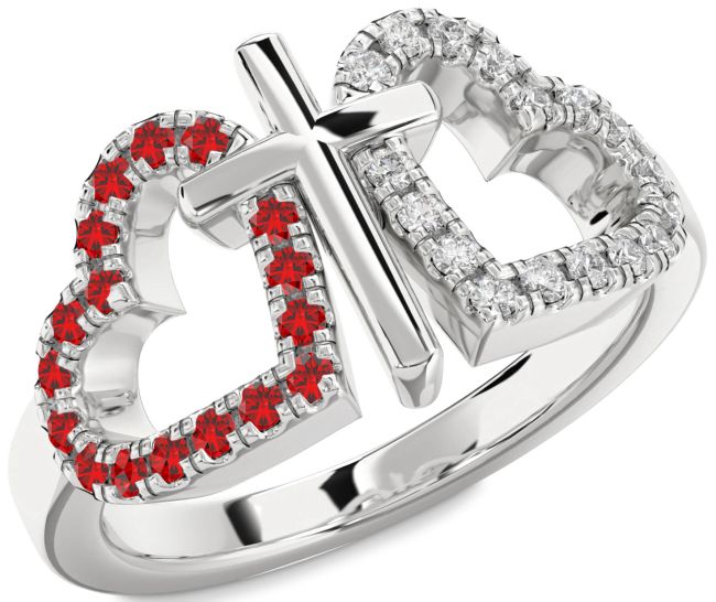 Diamond & Ruby Silver Heart Cross Promise Ring