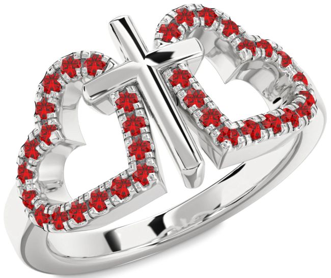 Ruby Silver Heart Cross Ring