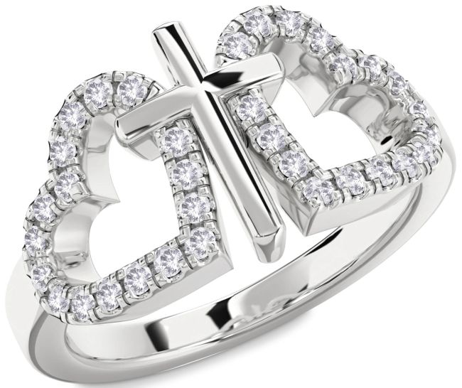 Salt & Pepper Diamond Silver Heart Cross Ring