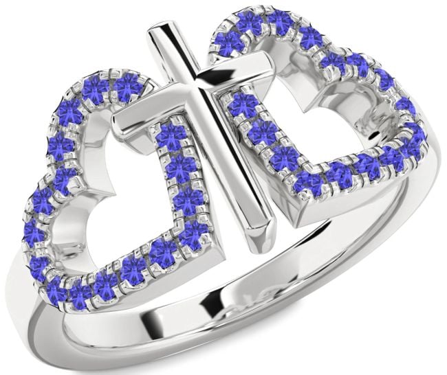 Tanzanite Silver Heart Cross Ring